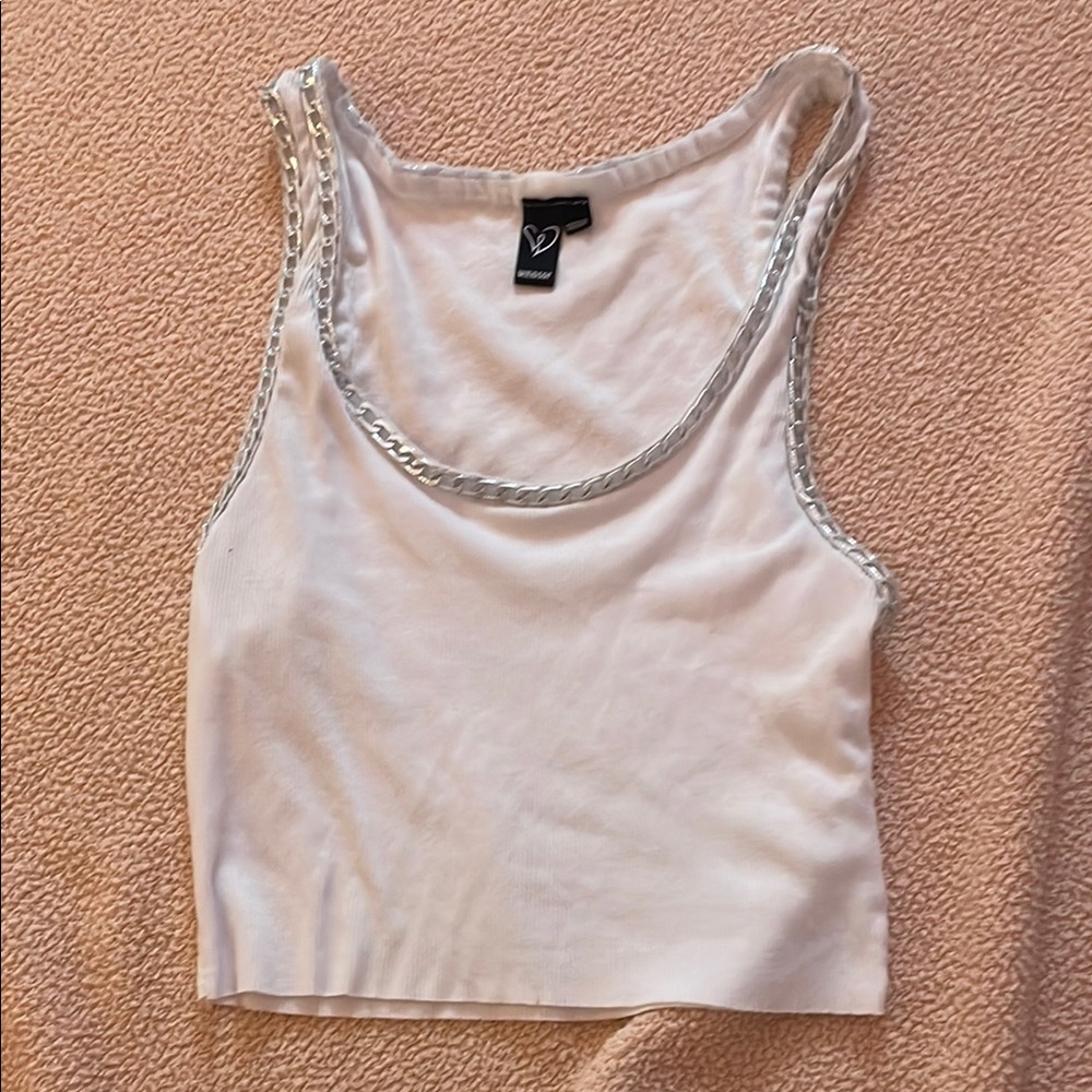 White Chain-Trimmed Tank Top